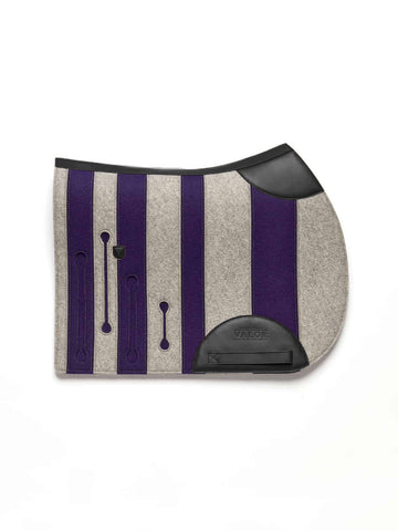 Grey and purple striped ANDRIAN saddle pad with VALOR cut-outs and ergonomic horse fit