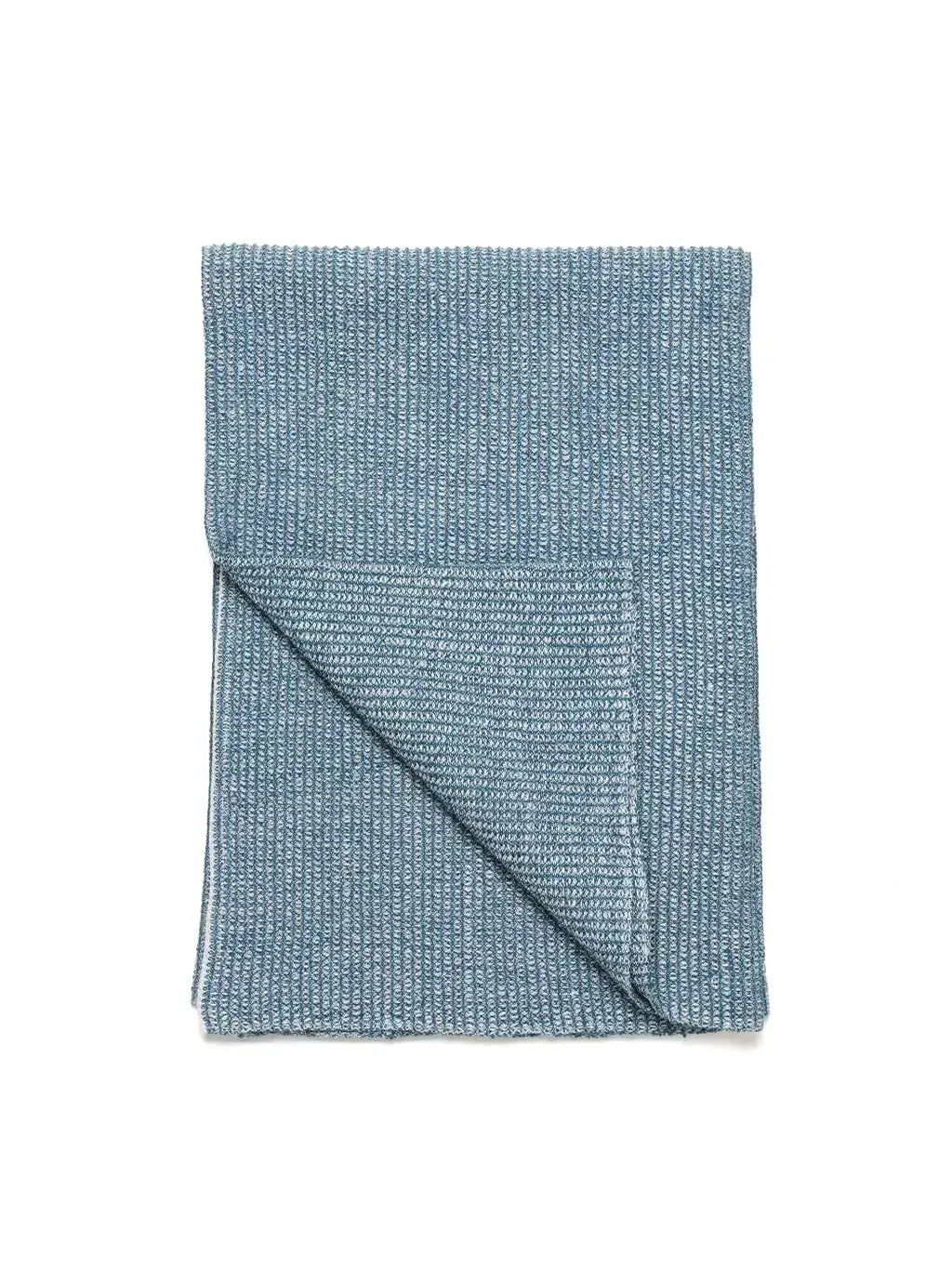 A neatly folded, dusty blue linen horse stable sheet featuring a fine-ribbed textured weave.