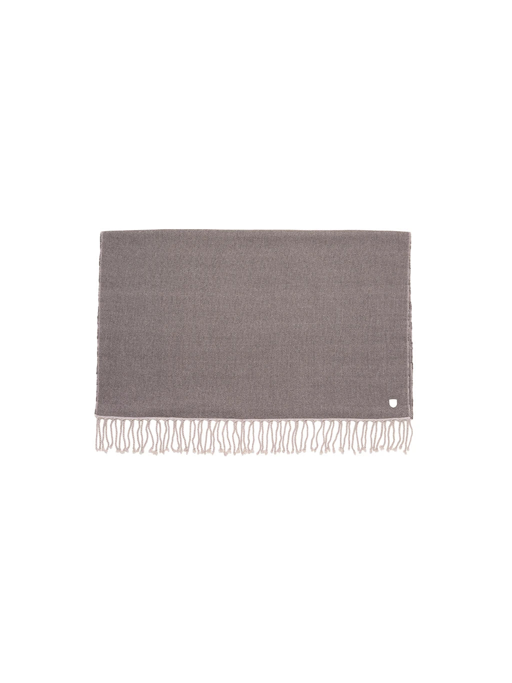 A folded walnut brown cashmere stole with a light beige fringed trim and a small leather logo accent.