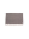 A folded walnut brown cashmere stole with a light beige fringed trim and a small leather logo accent.