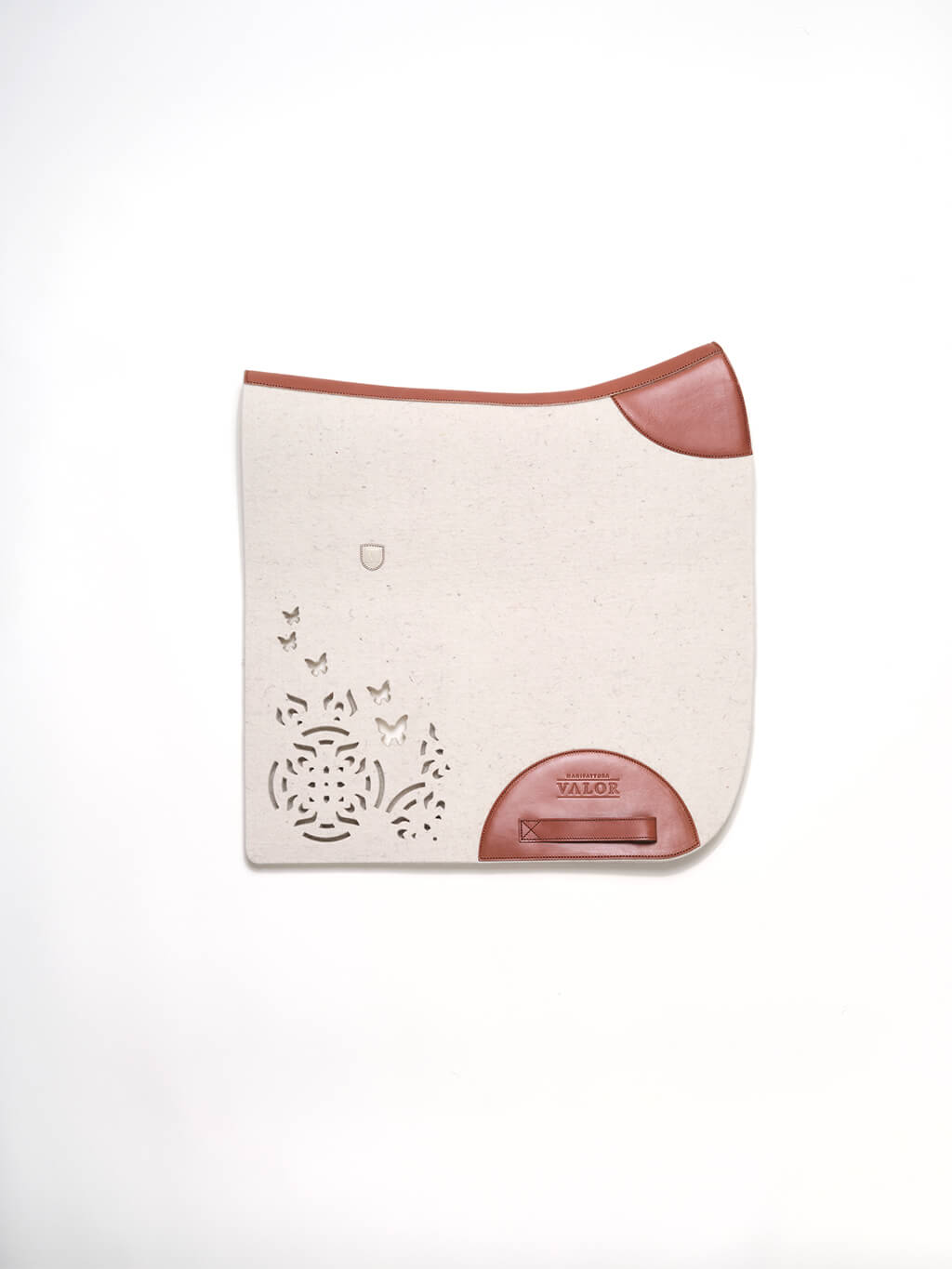 Premium off-white wool felt saddle pad featuring horse-friendly design and tan leather no fastening straps.