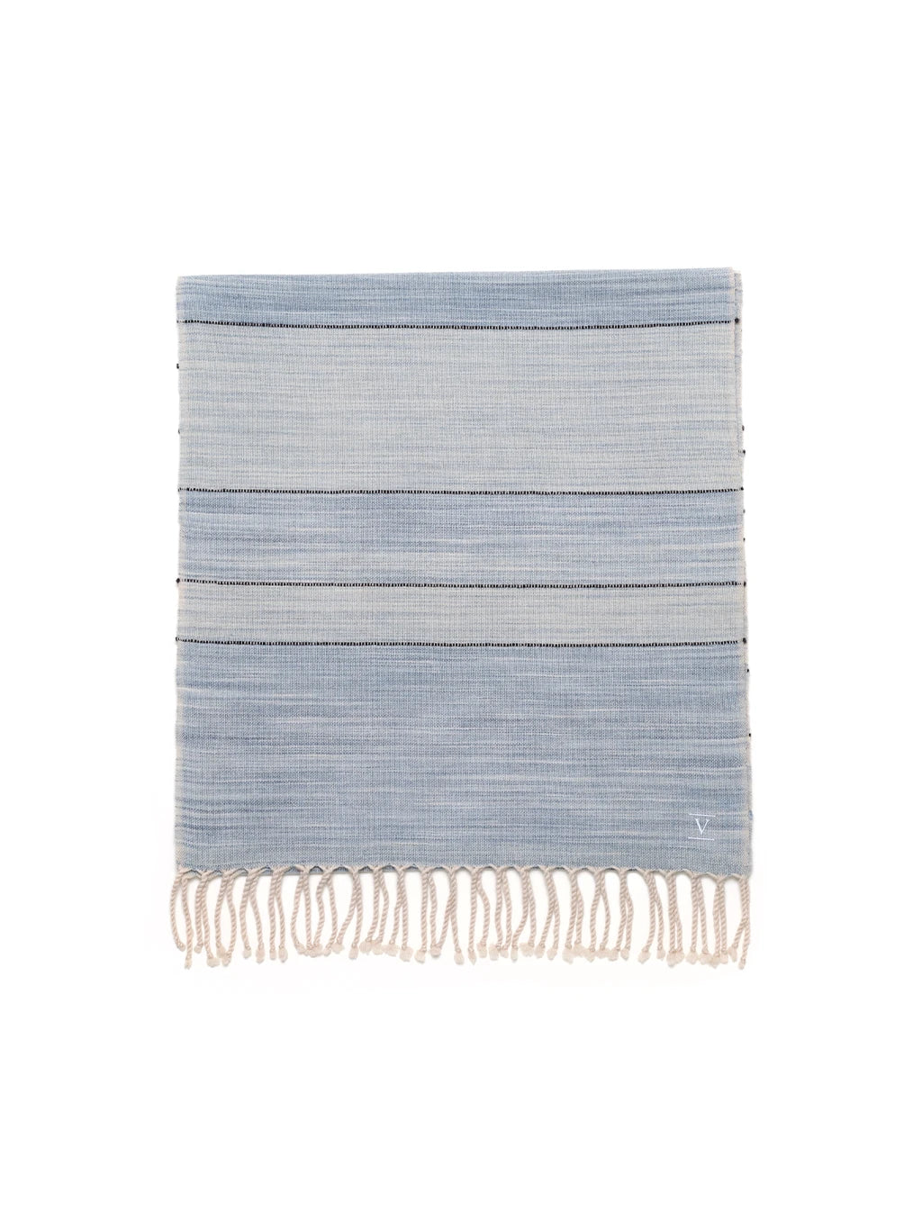 Celeste alpaca-cashmere scarf featuring handwoven texture, fine stripes, and cream fringe.