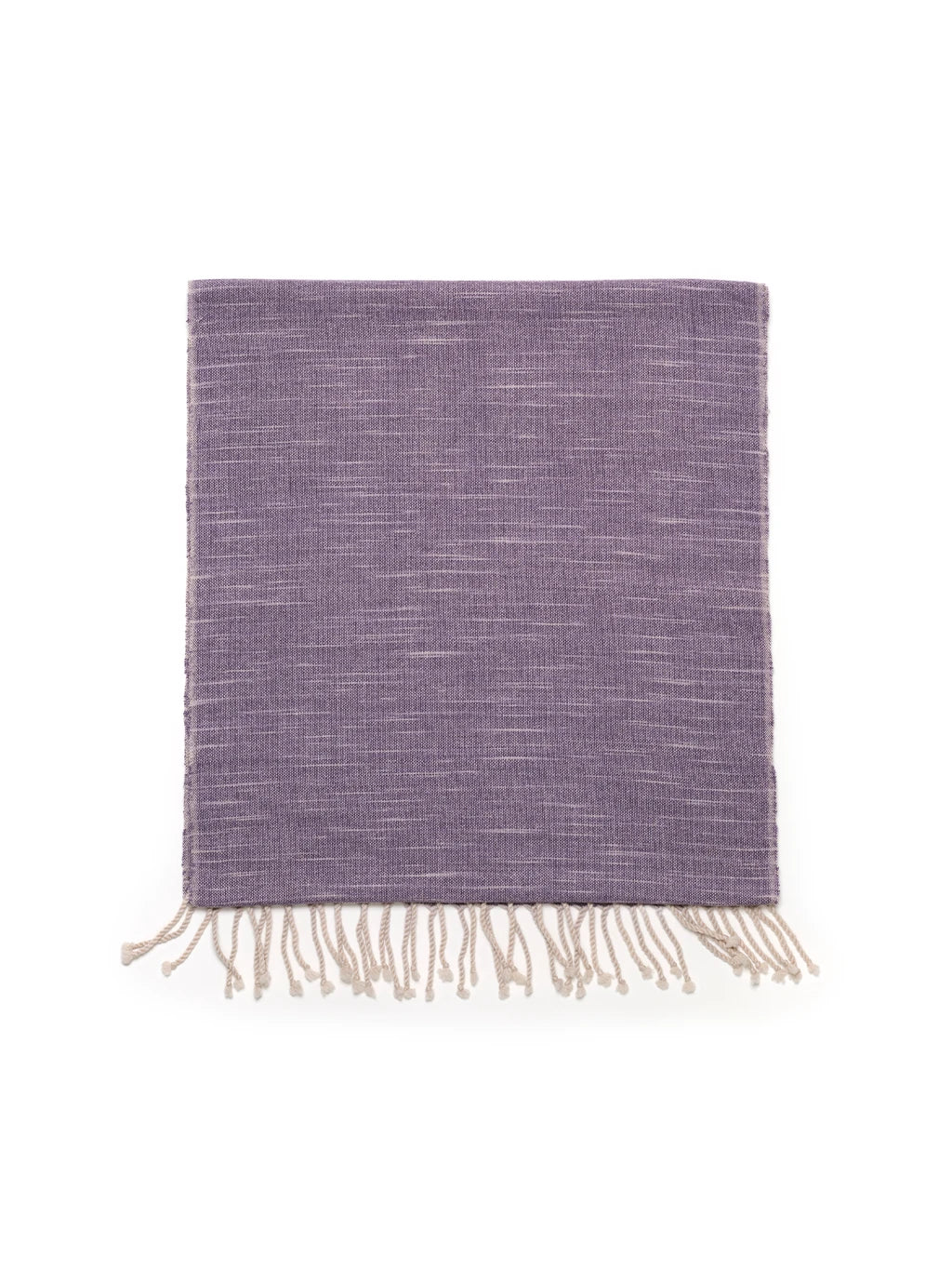 Handwoven violet alpaca and cashmere scarf with natural texture and cream fringe.