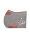 A side-view image of a textured grey felt horse saddle pad with tan leather wear leathers, featuring a white embroidered "Valor" signature and a small logo, isolated on a white background.