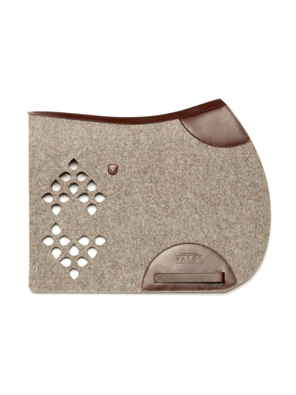 Beige wool felt saddle pad with dark brown leather corner patches, a lower wear strip, and diamond cut-outs