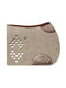 Beige wool felt saddle pad with dark brown leather corner patches, a lower wear strip, and diamond cut-outs