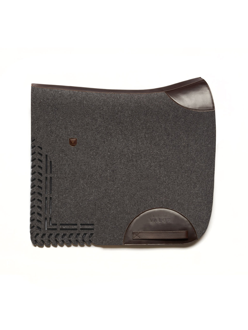 Charcoal wool felt horse saddle pad with dark brown leather reinforcement and cut-out edge detail