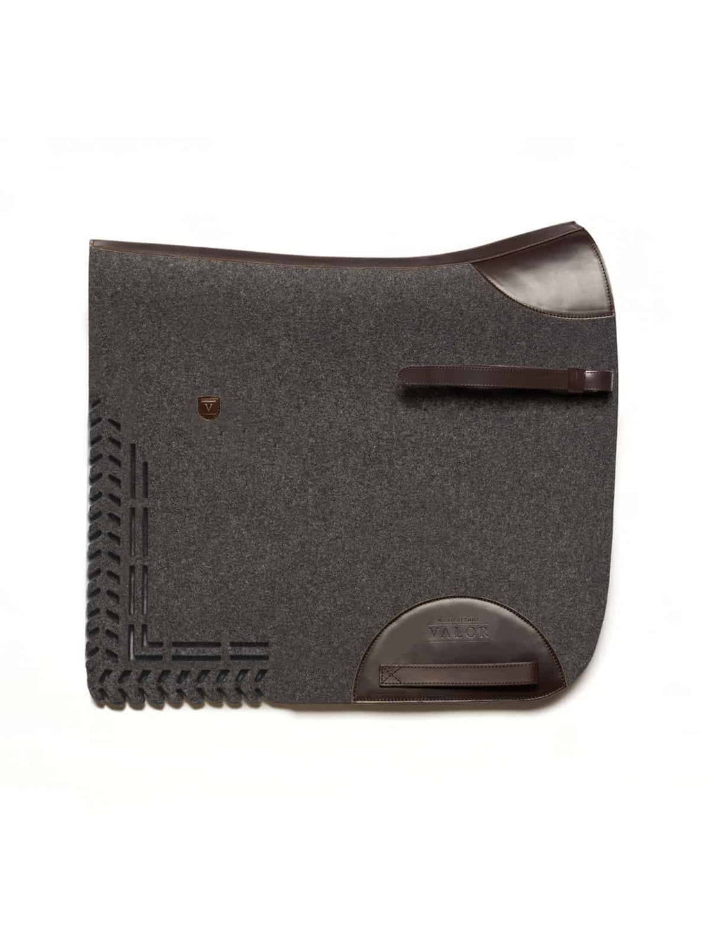 Dark grey wool felt ALGUND cut-out saddle pad with brown calf leather trim and adjustable fastening straps