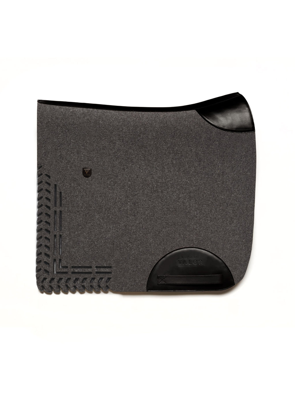 Charcoal grey ALGUND wool felt saddle pad with black calf leather trim and signature cut-out detailing
