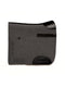 A side-view image of a dark charcoal felt horse saddle pad with black leather trim and wear leathers, featuring a laser-cut herringbone border along the back and bottom edges, isolated on a white background.