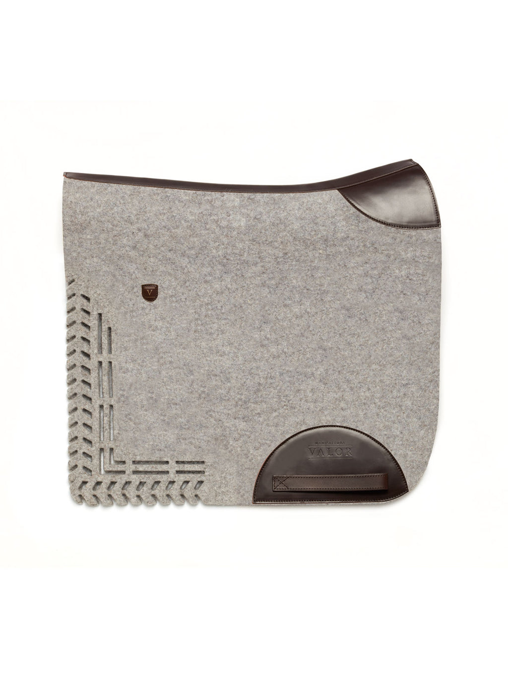 Light grey cut-out saddle pad crafted from pure wool felt with premium dark brown leather trim