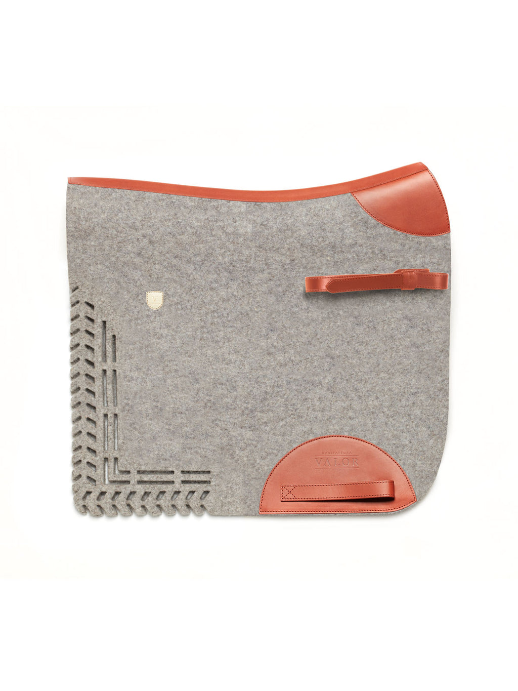 Grey cut-out saddle pad crafted from natural wool felt with elegant cognac leather accents