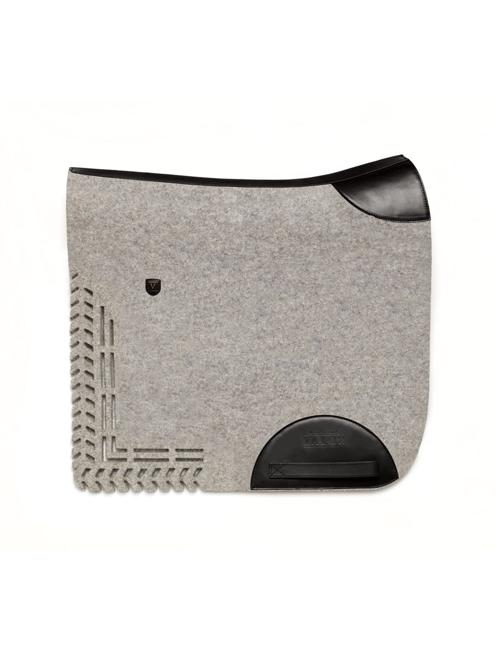 Light grey wool felt saddle pad with black leather binding for a modern equestrian look
