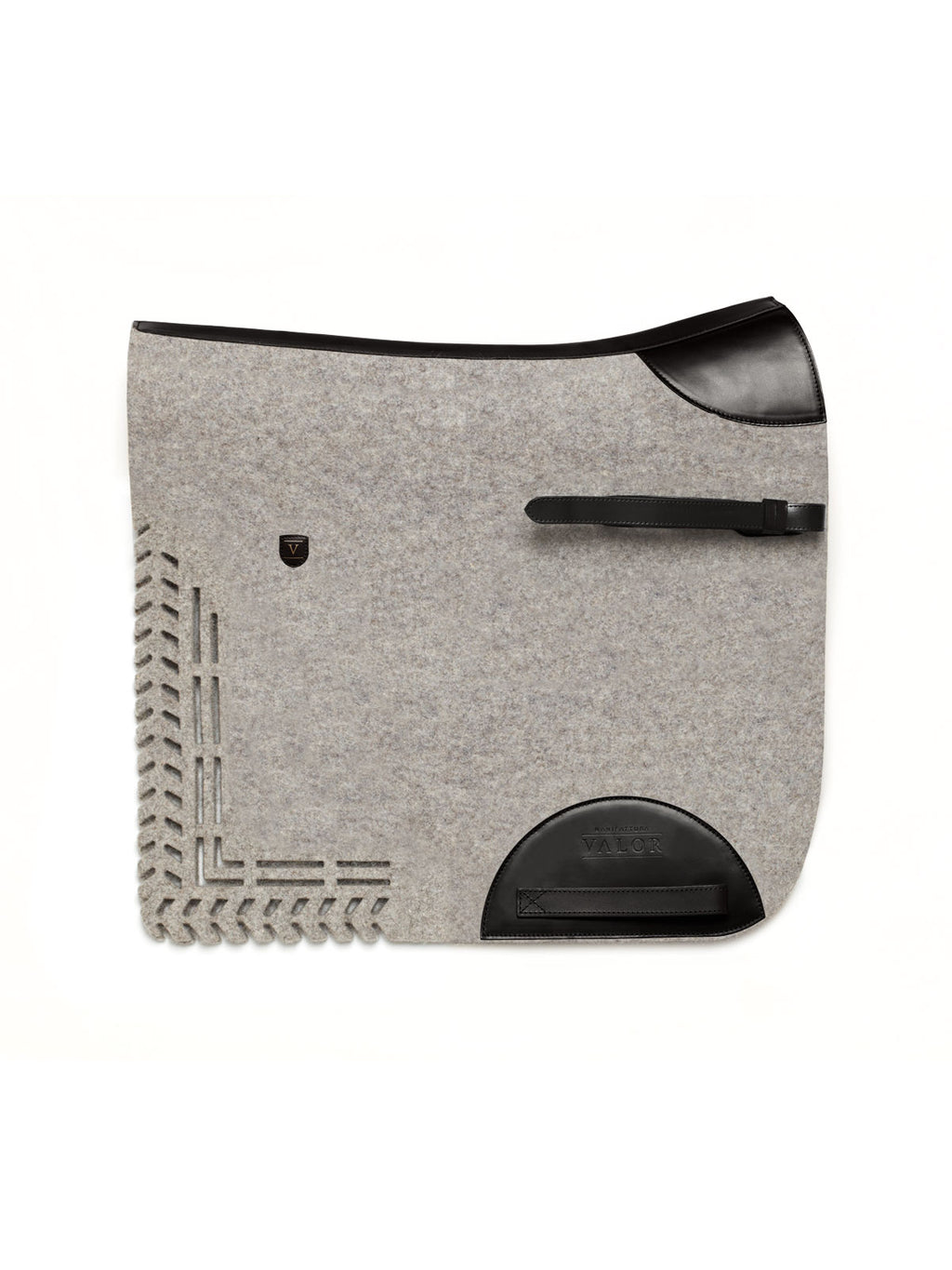 Light grey wool felt horse saddle pad with black leather trim and minimalist cut-out design
