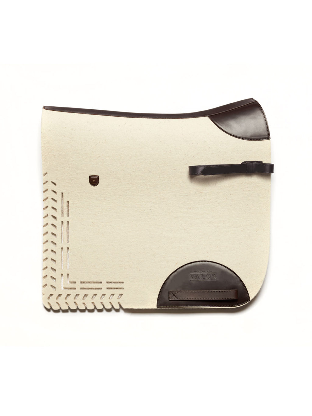 Cream horse saddle pad crafted from wool felt with dark brown leather trim and ergonomic shape