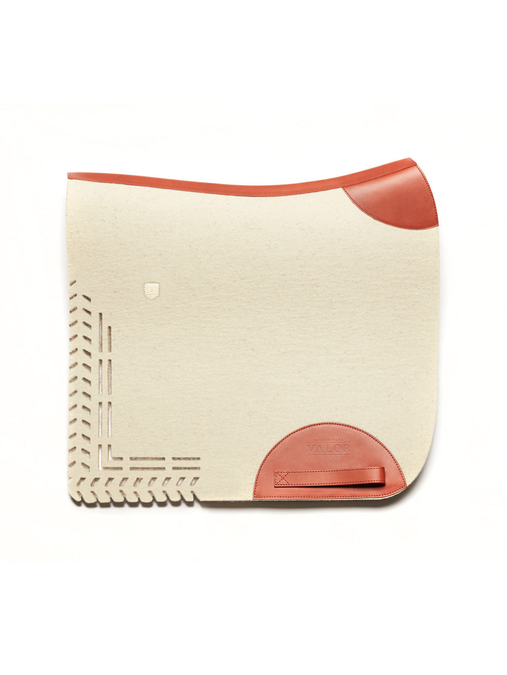 A side-view image of a cream felt horse saddle pad with bright orange leather trim and wear leathers, featuring a laser-cut herringbone border on the back half, isolated on a white background.