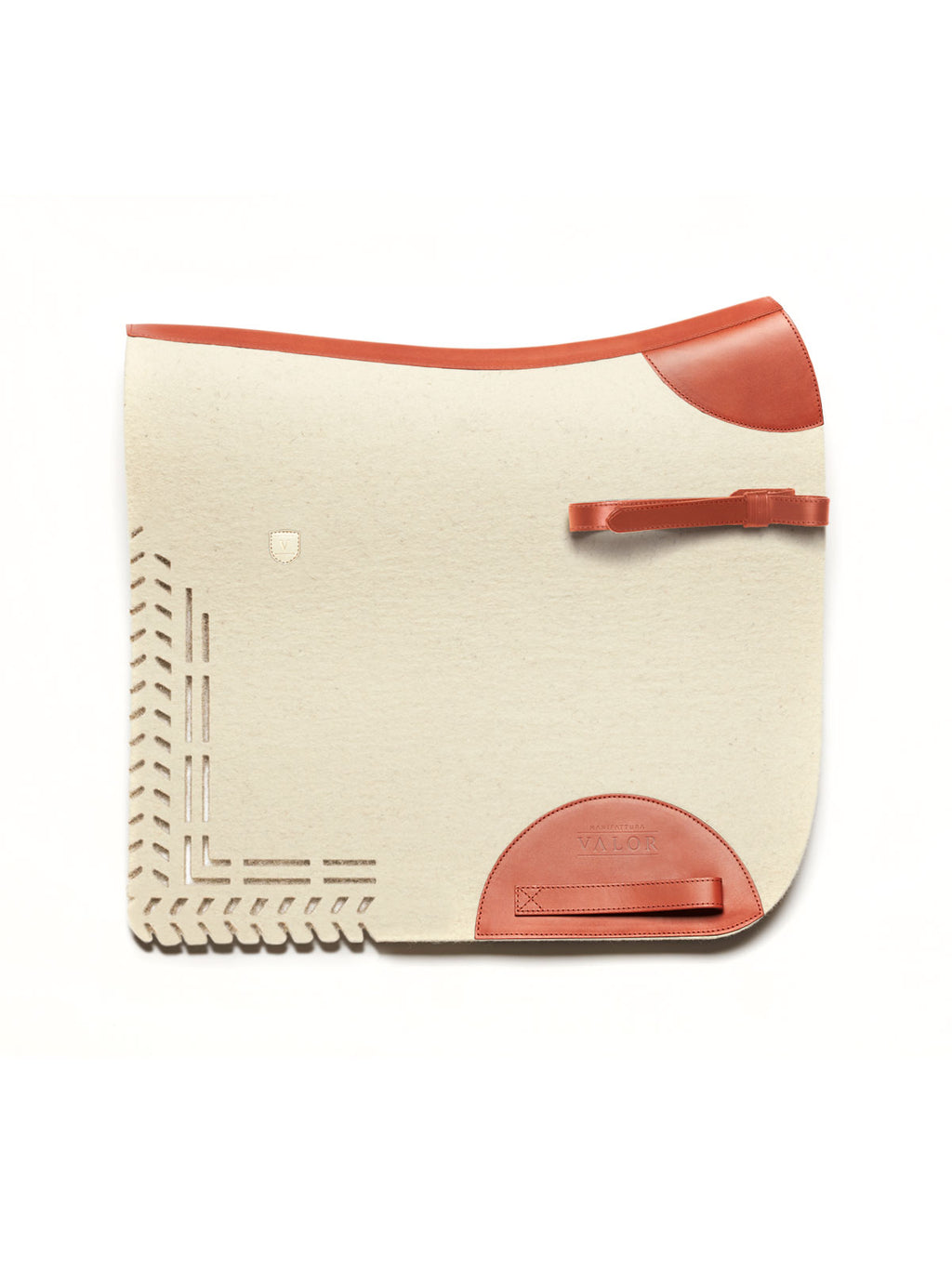 A side-view image of a cream felt horse saddle pad with bright orange leather trim, wear leathers, and a girth strap, featuring a laser-cut herringbone border on the back half, isolated on a white background.