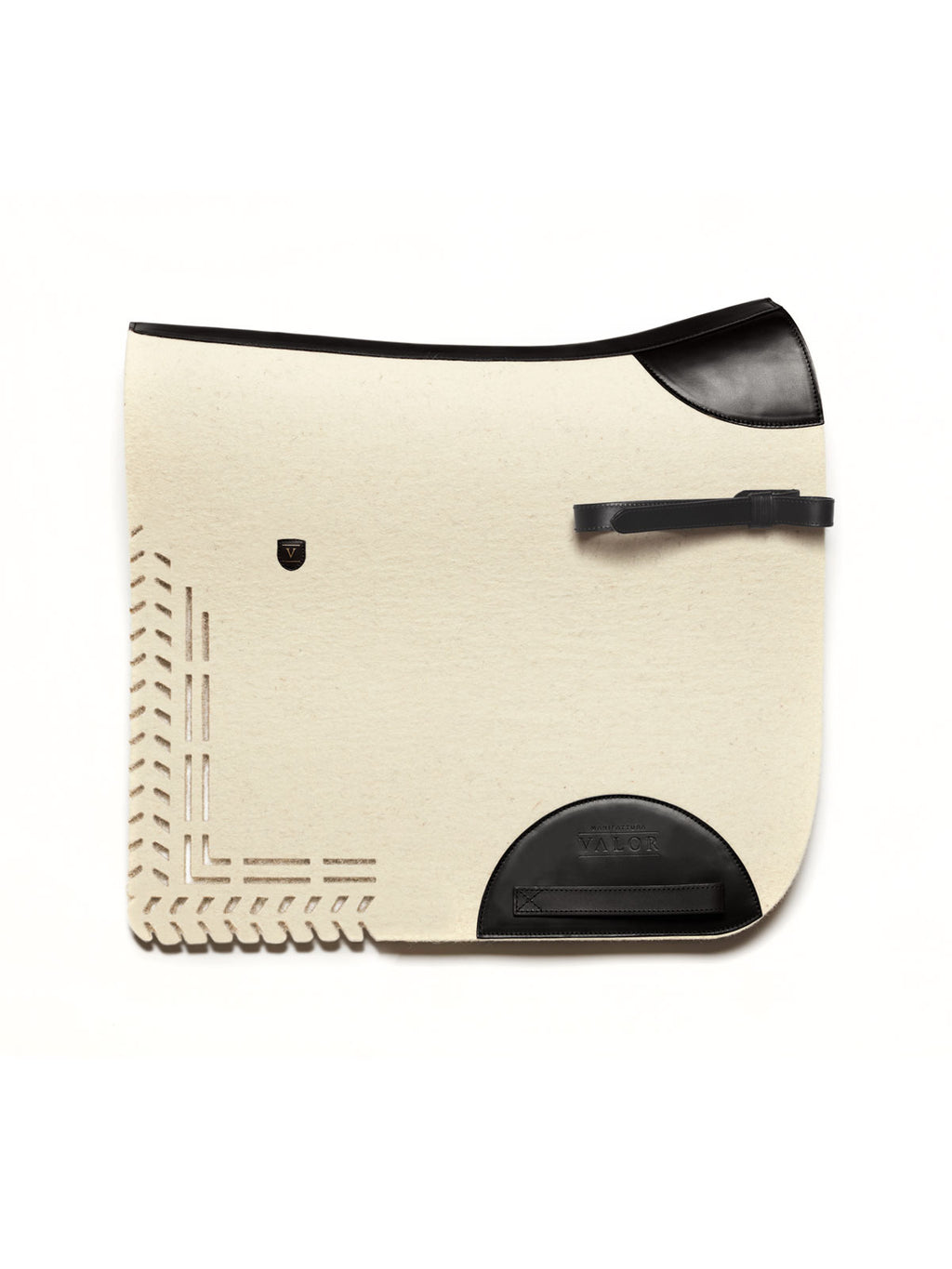 Cream wool felt cut-out saddle pad with black leather accents and adjustable fastening straps