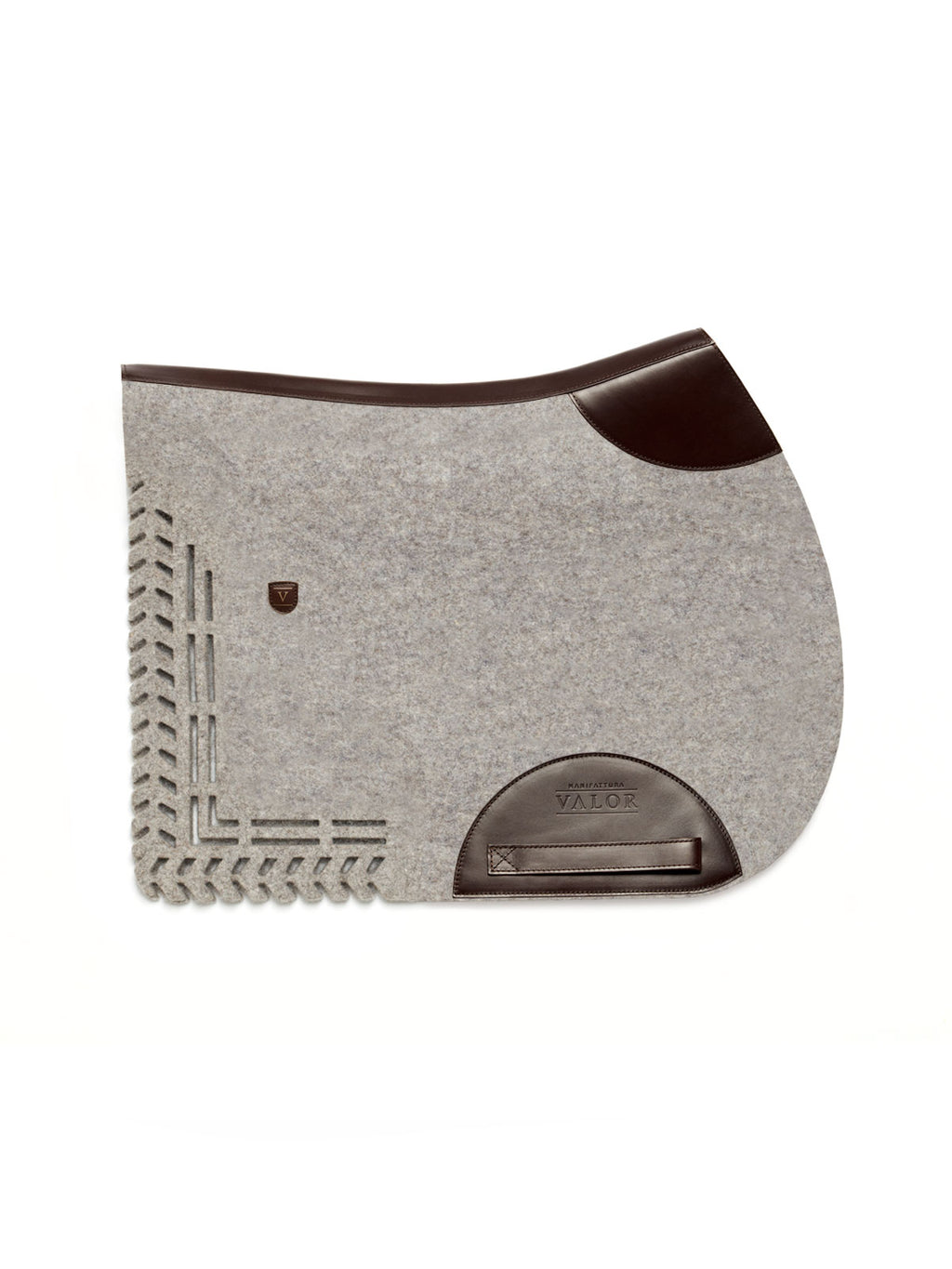 VALOR light grey wool felt saddle pad, exclusive cut-out design, dark brown trim, without strap