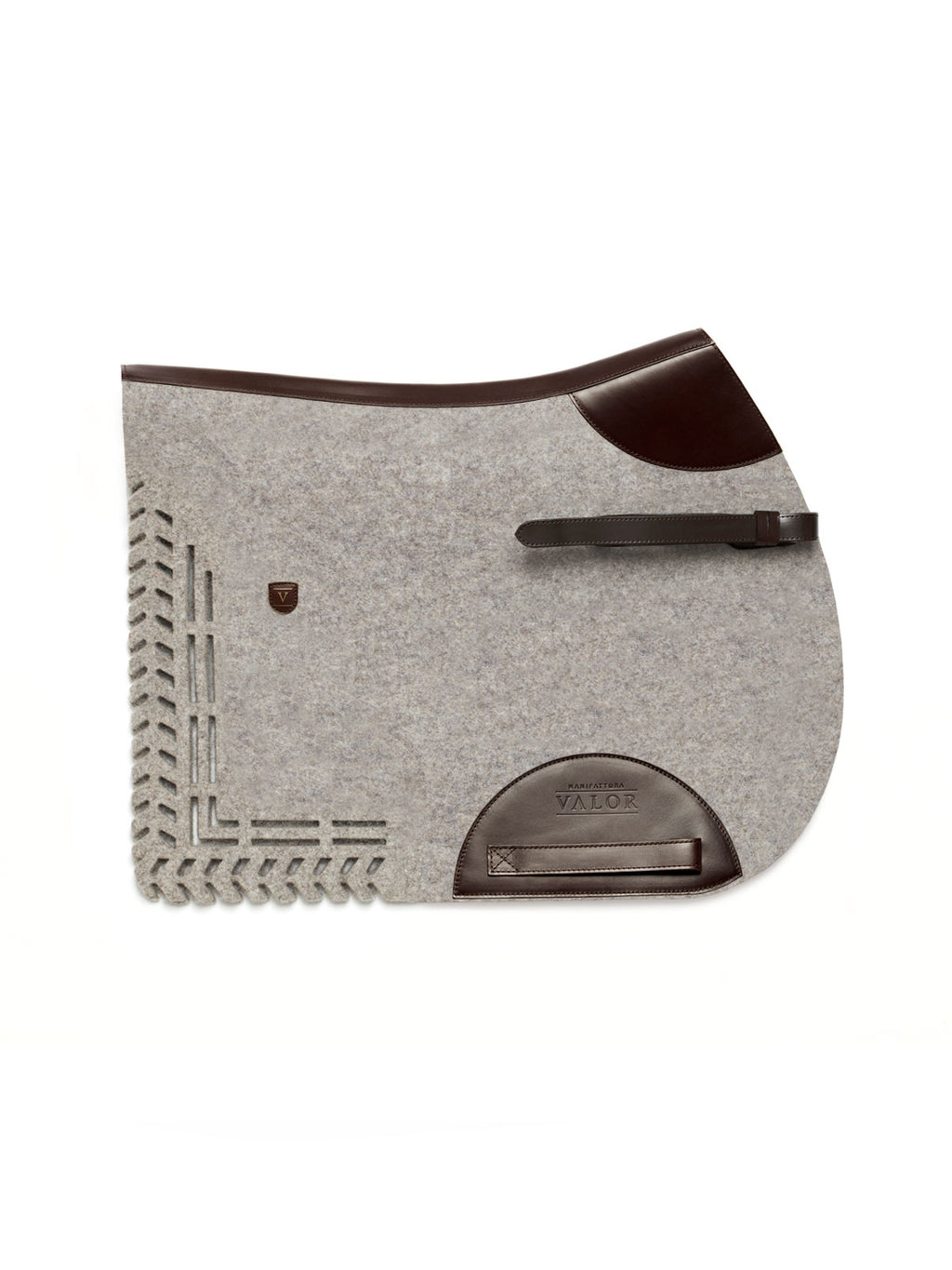ALGUND cut-out saddle pad, grey wool felt with dark brown calf nappa leather trim, strap close-up angle
