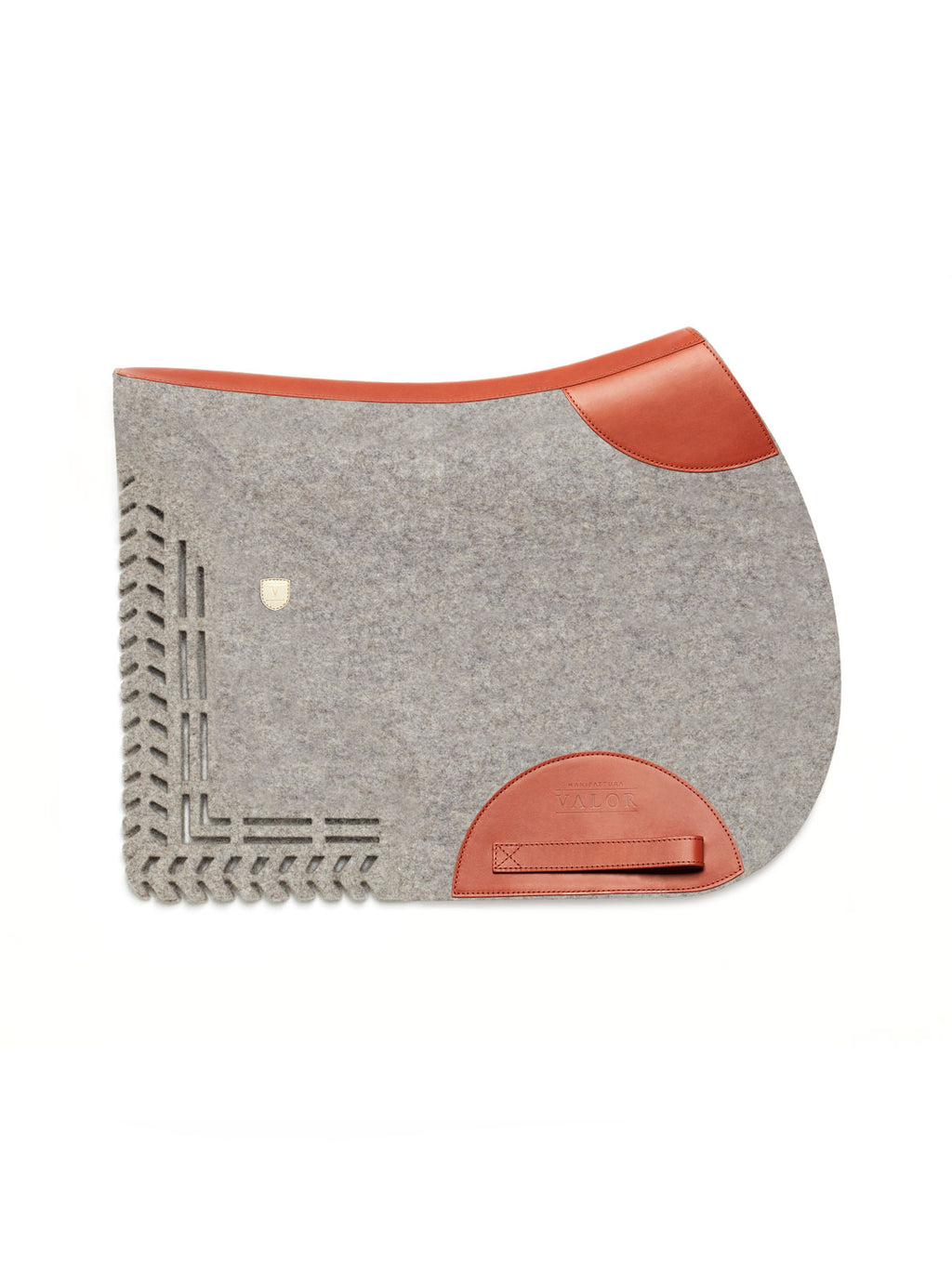 Pure wool felt cut-out saddle pad in light grey with cognac leather trim and without strap