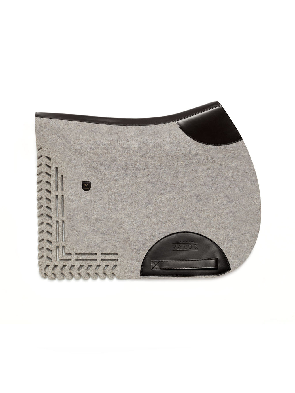 Cut-out wool felt saddle pad in light grey with black leather trim, VALOR logo, without strap