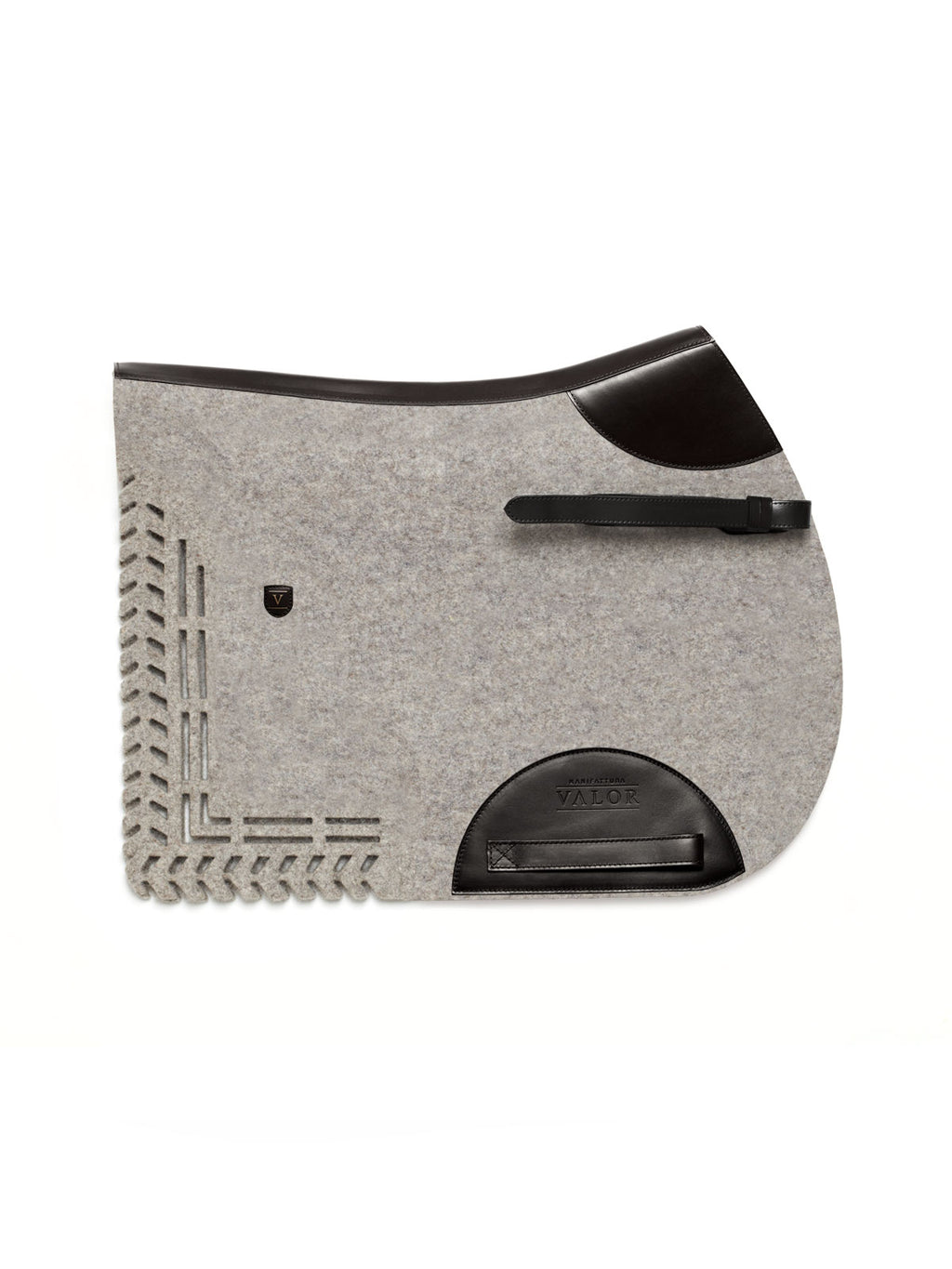 Light grey wool felt cut-out saddle pad with dark brown calf nappa leather trim, adjustable fastening strap