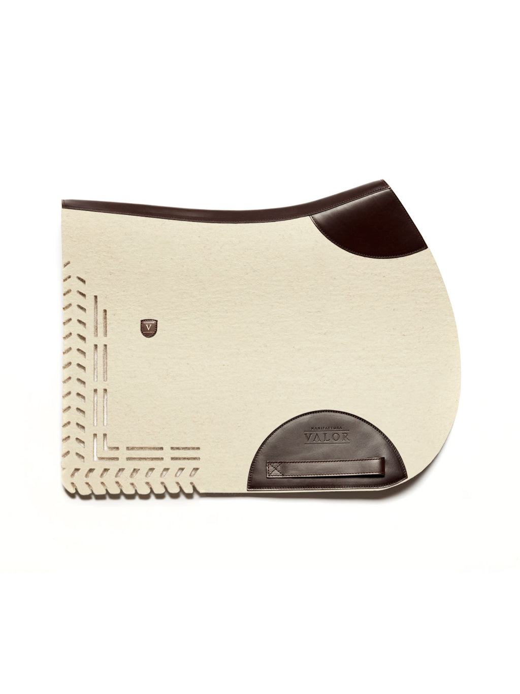 Cream saddle pad with cut-out felt design and dark brown leather trim, without strap