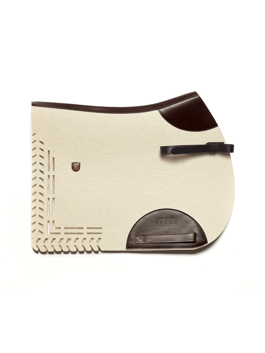 Cream wool felt cut-out saddle pad with dark brown calf nappa leather trim, adjustable fastening strap shown