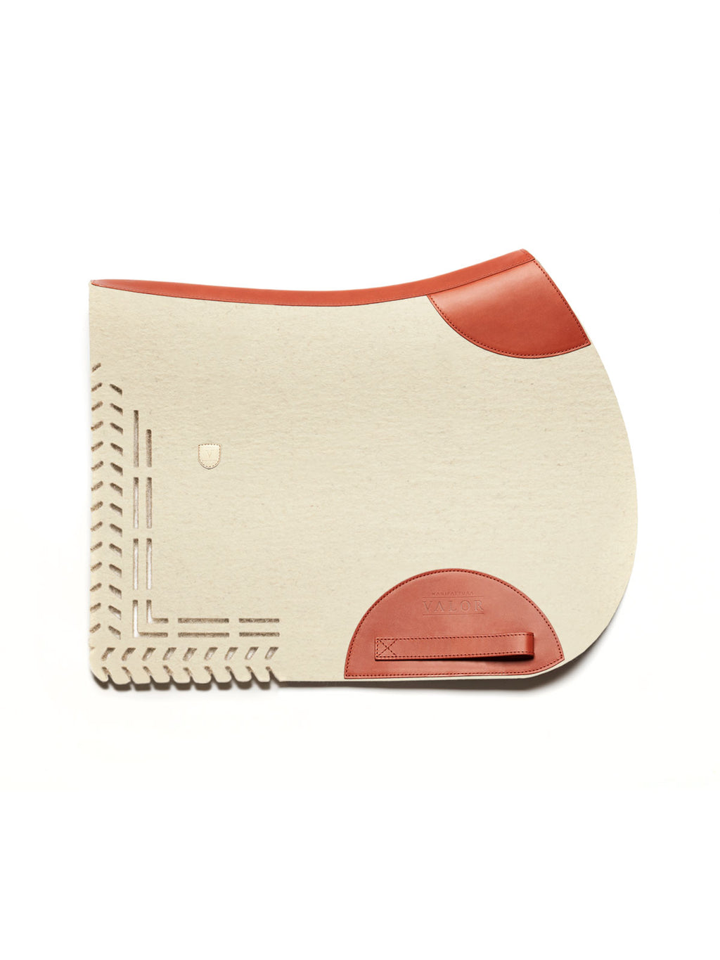 Cream wool felt saddle pad featuring a laser cut-out pattern, cognac leather patches, and a matching girth loop.