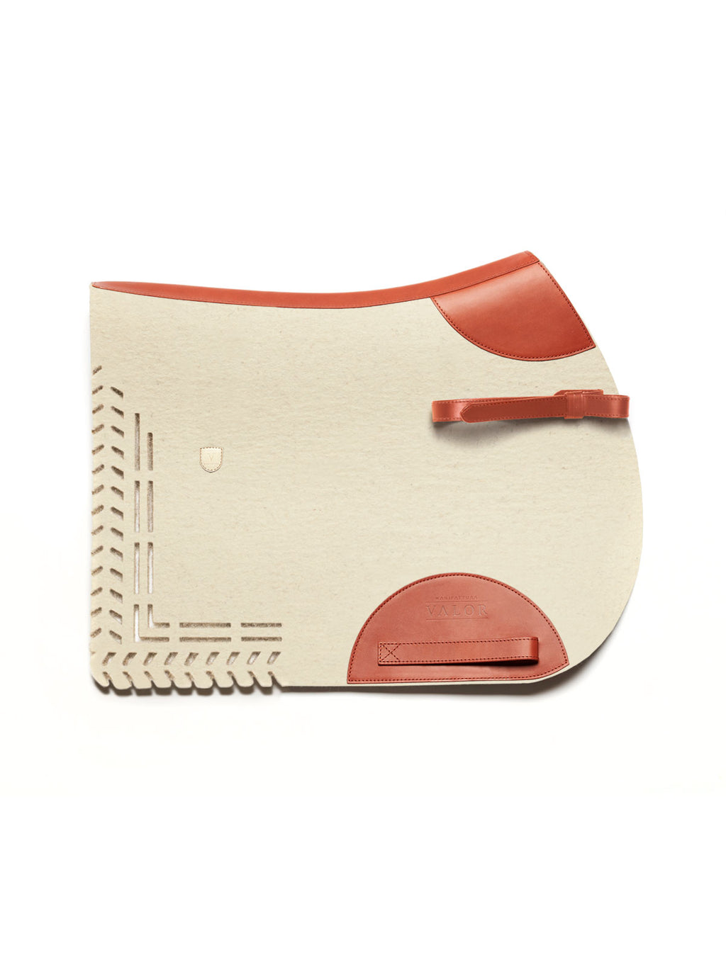 ALGUND cut-out saddle pad in cream wool felt with rust-orange calf nappa trim, with strap details