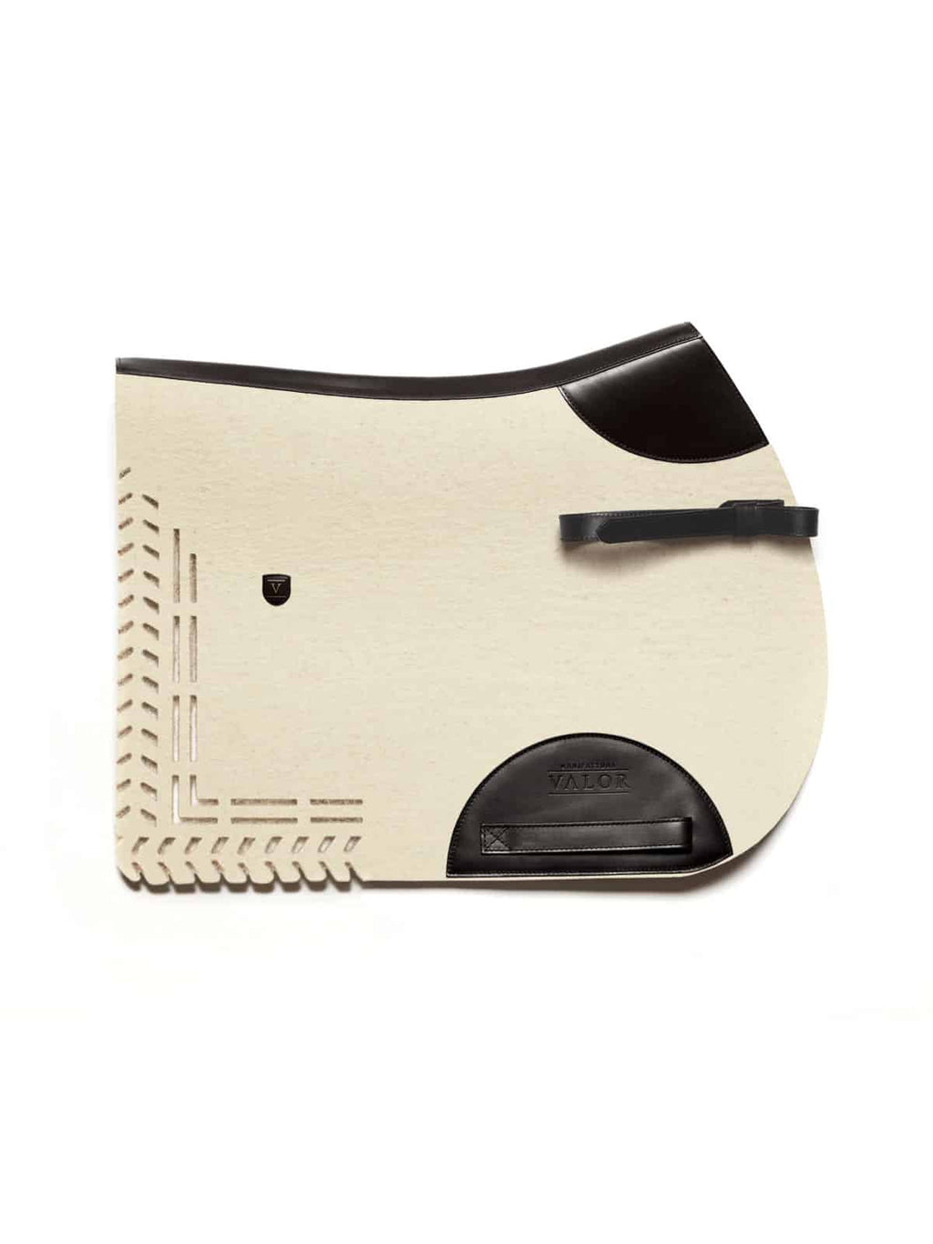 Cream wool felt cut-out saddle pad with dark brown calf leather trim and adjustable strap