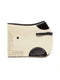 Cream wool felt cut-out saddle pad with dark brown calf leather trim and adjustable strap