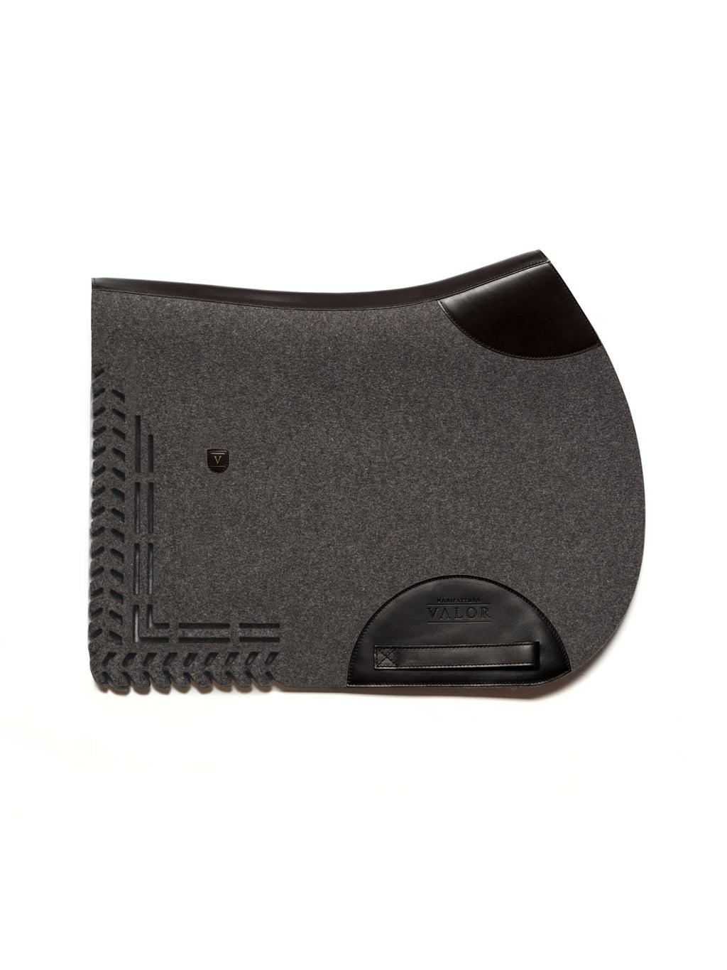 VALOR charcoal grey saddle pad in wool felt, cut-out design, black leather trim, without strap