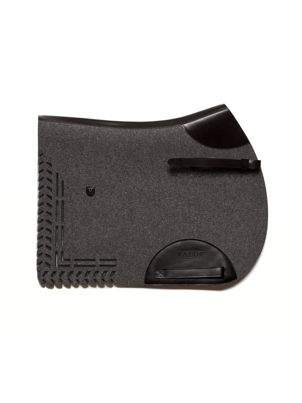 Charcoal grey wool felt cut-out saddle pad with dark brown calf nappa trim, with strap
