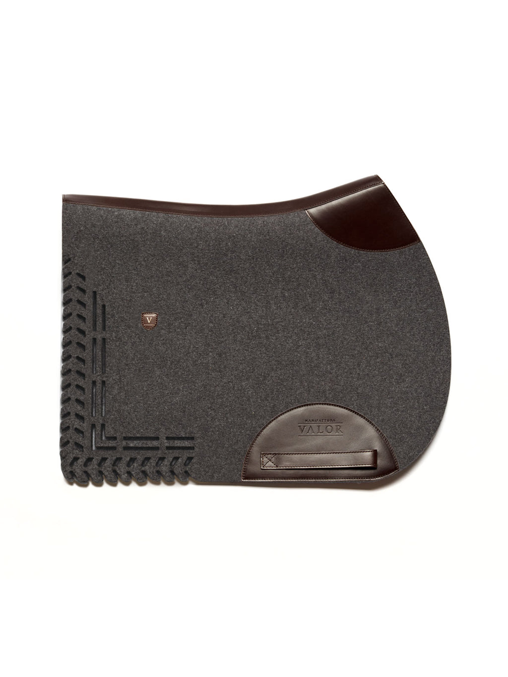 Charcoal wool felt saddle pad with laser-cut-out pattern, dark brown leather trim, without strap