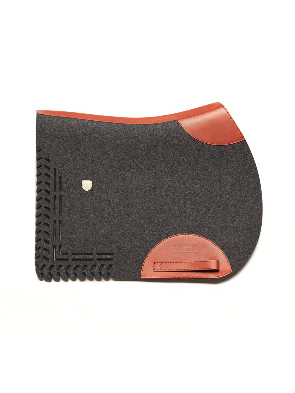 A side-view image of a dark charcoal felt horse saddle pad with bright orange leather trim and wear leathers, featuring a laser-cut herringbone border on the back half, isolated on a white background.