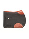 A side-view image of a dark charcoal felt horse saddle pad with bright orange leather trim and wear leathers, featuring a laser-cut herringbone border on the back half, isolated on a white background.