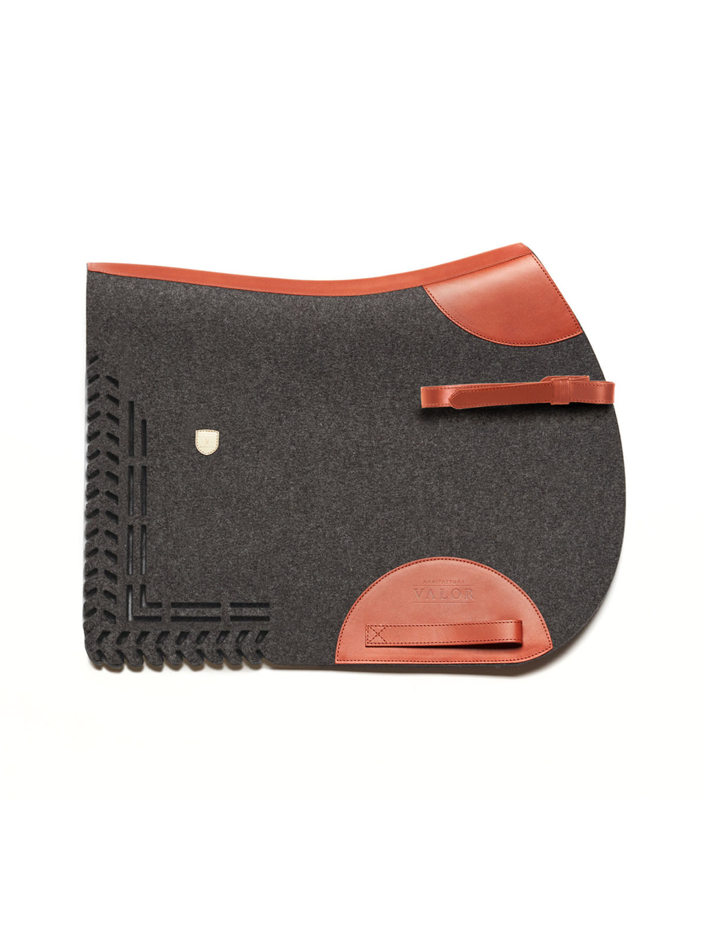 A side-view image of a dark charcoal felt horse saddle pad with bright orange leather trim, wear leathers, and a girth strap, featuring a laser-cut herringbone border on the back half, isolated on a white background.