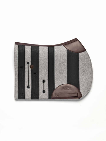 Grey and black striped horse saddle pad featuring dark brown leather corner and lower trim on a white background.