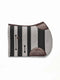 A side-view image of a horse saddle pad with vertical stripes of grey felt and black material, featuring dark mahogany leather wear leathers, isolated on a white background.