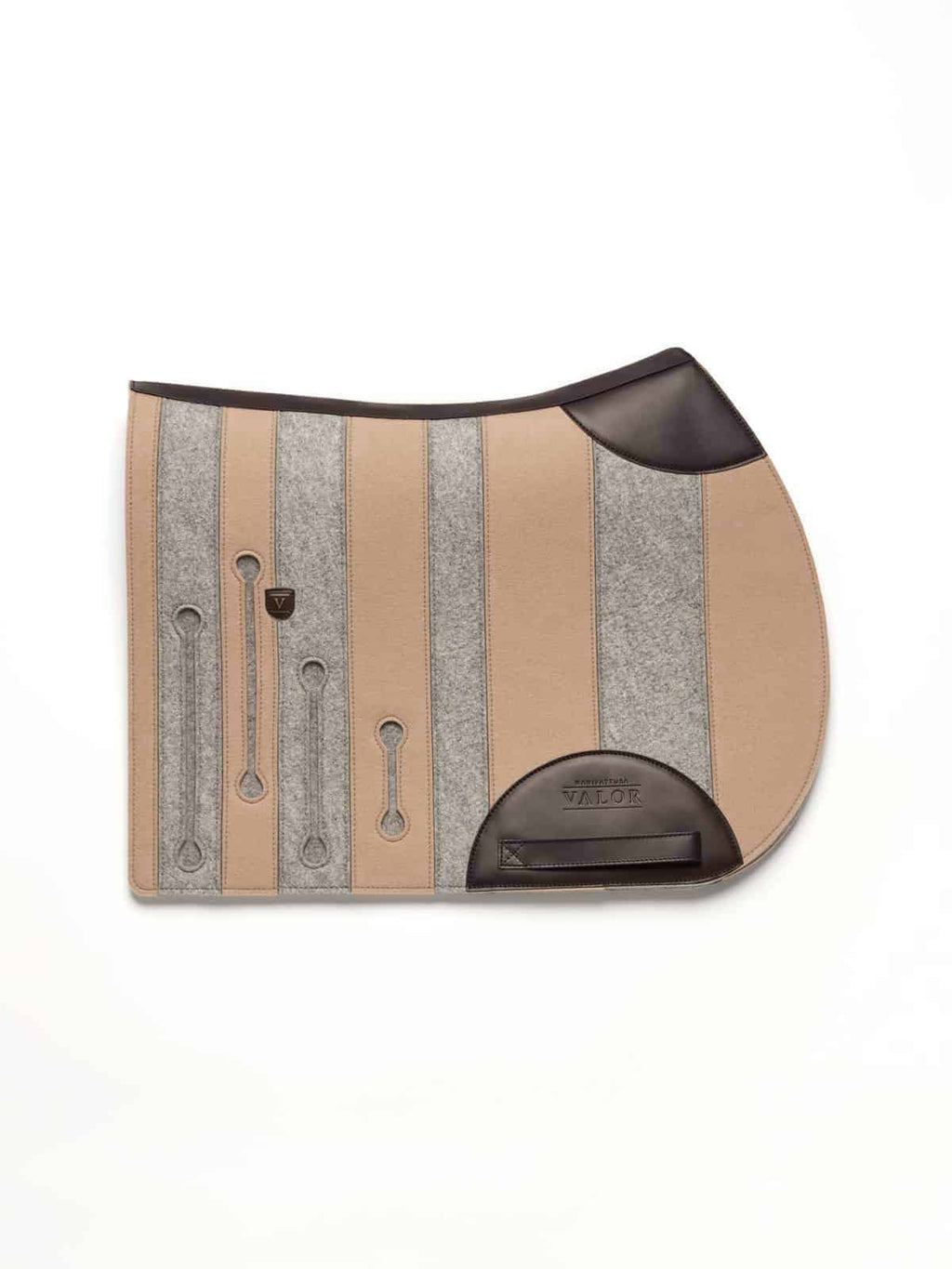 A side-view image of a horse saddle pad featuring vertical stripes of grey felt and tan material, with dark brown leather wear leathers and a girth strap, isolated on a white background.