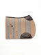 A side-view image of a horse saddle pad featuring vertical stripes of grey felt and tan material, with dark brown leather wear leathers and a girth strap, isolated on a white background.