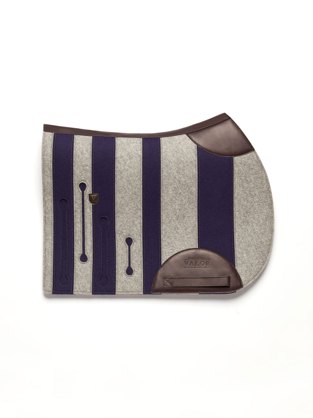 ANDRIAN horse saddle pad in grey and navy blue wool felt with brown calf leather accents