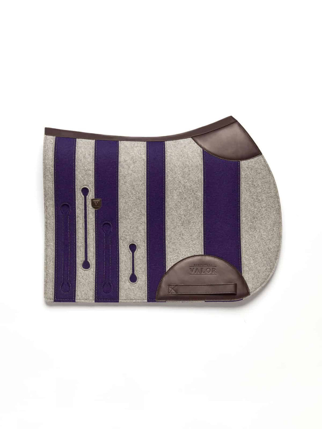 A side-view image of a horse saddle pad with vertical stripes of grey felt and purple material, featuring dark brown leather wear leathers and a girth strap, isolated on a white background.