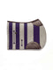 A side-view image of a horse saddle pad with vertical stripes of grey felt and purple material, featuring dark brown leather wear leathers and a girth strap, isolated on a white background.