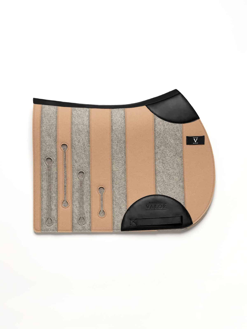 ANDRIAN striped saddle pad in beige and grey merino wool felt with black calf leather reinforcements