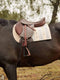 A side-profile of a dark horse wearing a brown leather English saddle and a vertically striped grey and tan felt saddle pad.