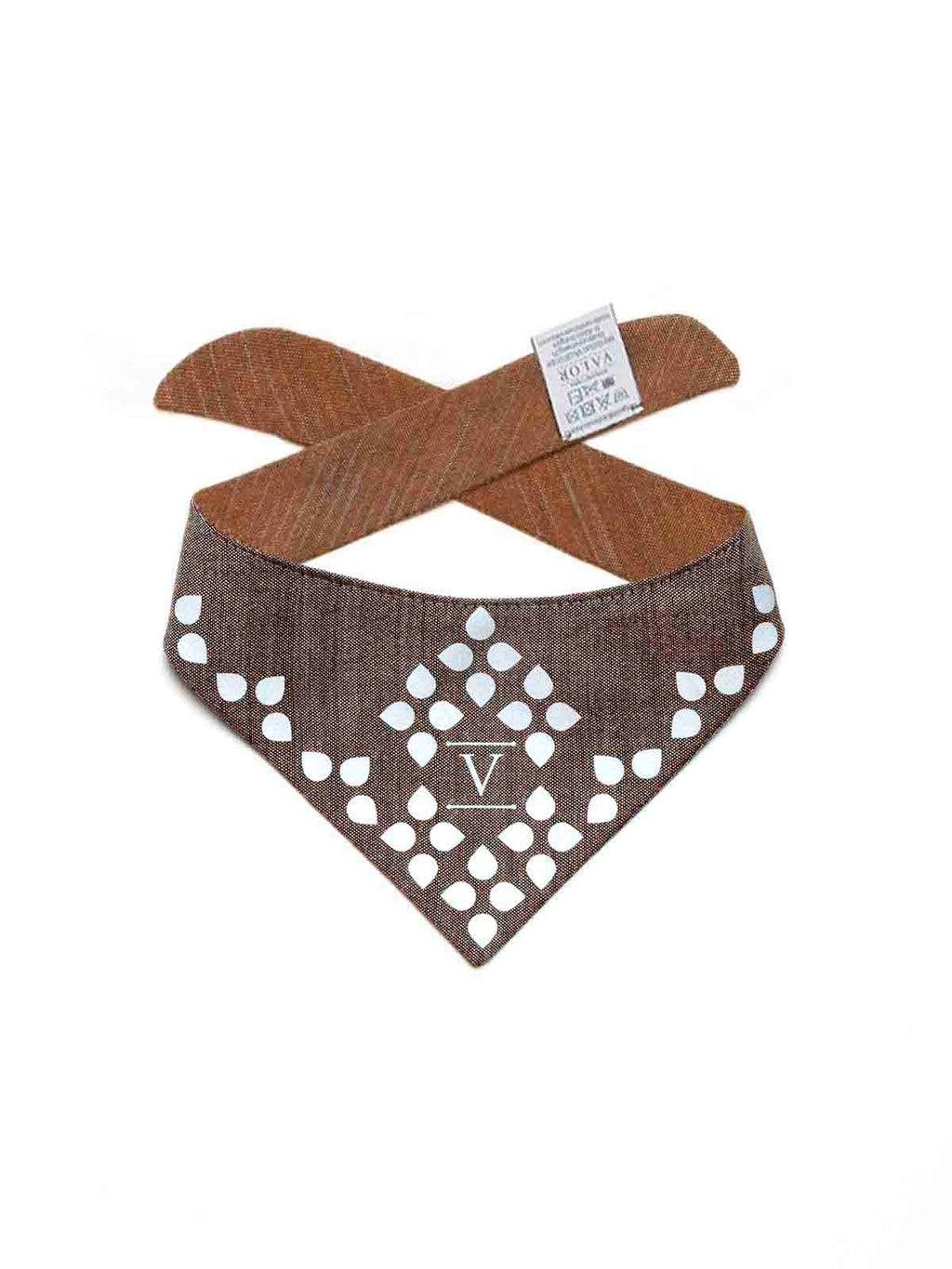 Manifattura VALOR BANDANA-WOLKENSTEIN reflective silk dog bandana with an orange and grey teardrop diamond leaf pattern.