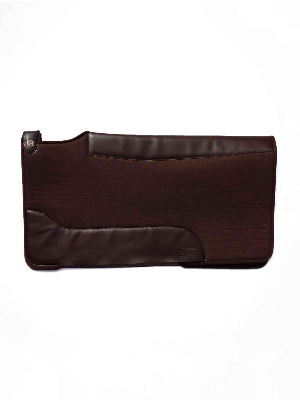 BOSCO padded dark brown saddle pad with brown leather, ideal for riding sessions.